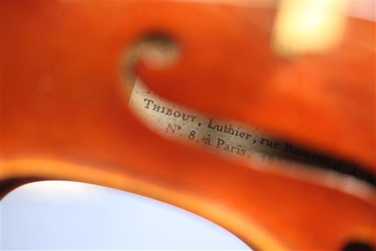 A fine French violin by Jacques-Pierre Thibout, Paris 1838, length of back 14in., crocodile skin case